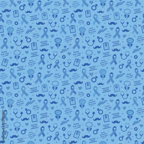 A light blue and white repeating seamless pattern featuring prostate cancer awareness ribbons, medical symbols, moustaches, and supportive messages promoting early detection and men’s health awareness