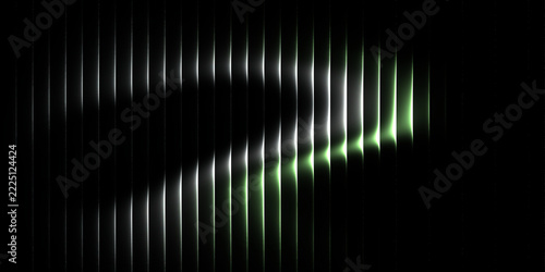 Abstract White and Green Neon Light Wave on Black Background with Vertical Glowing Lines for Technology, Digital Art, Gaming, Music, and Modern Graphic Design