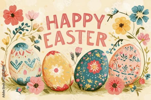 Retro-style Easter postcard with hand-drawn eggs and flowers