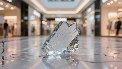 Transparent acrylic mockup display placed on the glossy floor of a modern shopping mall, illustrating retail advertising, branding, and commercial interior design