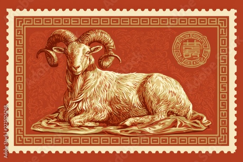 Intricately drawn goat on silk background in vintage Lunar New Year stamp