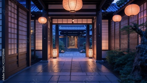 Lantern lit wooden corridor opening onto a quiet courtyard