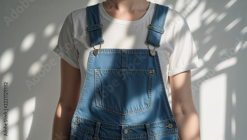 Blue denim overalls over a white shirt in dappled sunlight