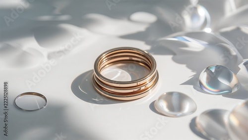Stacked gold toned rings with clear glass stones in sunlight