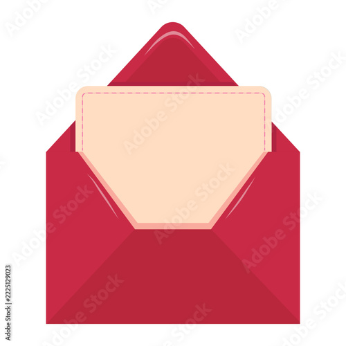 Open red mail envelope with blank letter paper sheet vector illustration for romantic valentines message