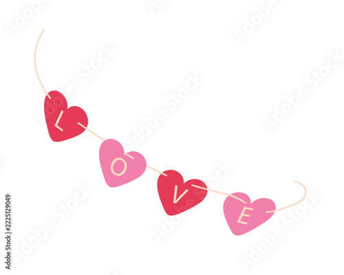 Heart garland banner vector illustration with LOVE text letters for romantic party decoration