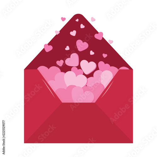Open red mail envelope vector illustration full of pink hearts for romantic valentines day love letter