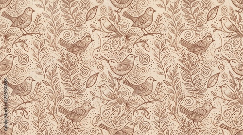 Seamless Sgraffito Scratched Ceramic Pattern with Birds, Leaves and Spirals in Cream and Terracotta