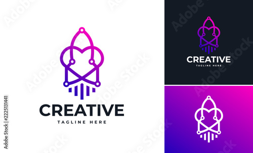 Simple rocket wire circuit technology logo designs template, Creative cool launch romance flying idea designs