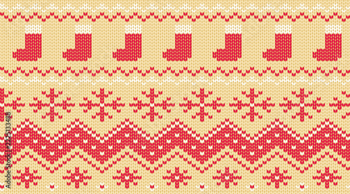 Christmas ornament with snowflakes and christmas socks. Knitted seamless pattern