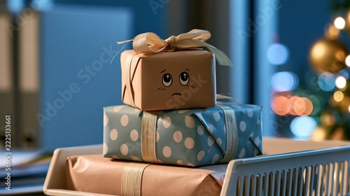 Stack of wrapped gift boxes in office document tray