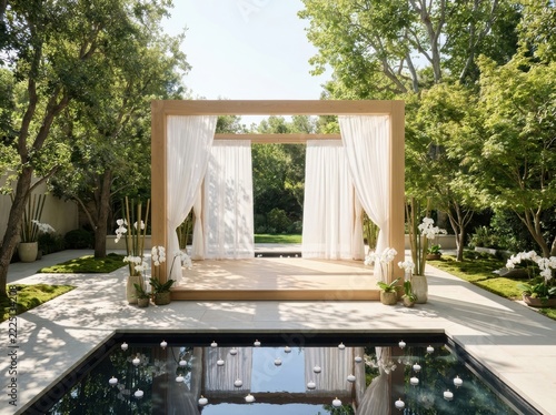 Modern minimalist wooden wedding stage with pool reflection
