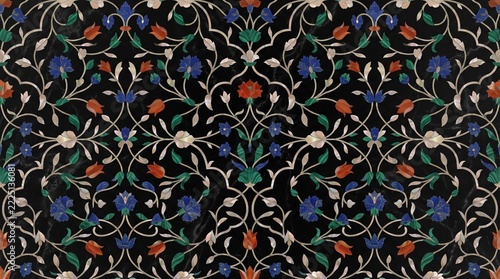 Seamless Mughal Pietra Dura Stone Inlay Pattern with Lapis, Malachite and Carnelian Vines on Black Marble