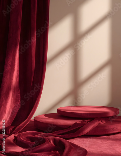Elegant Red Silk Curtain with Cylindrical Display Pedestal and Warm Window Sun Shadows