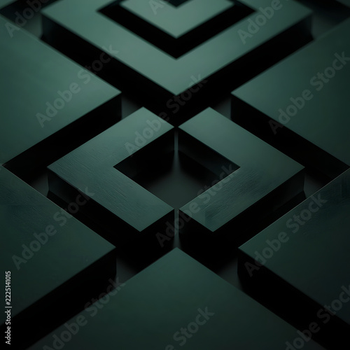 Dark Green Geometric Abstract Background with Overlapping Square Frames and Architectural Patterns