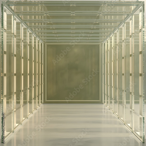Futuristic Glass Corridor Tunnel with Perspective Reflections and Abstract Architecture Background