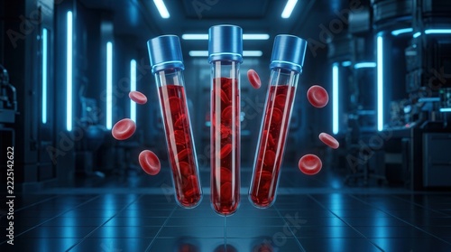 Medical research and biology diagnosis concept with red blood cells and laboratory test tubes.