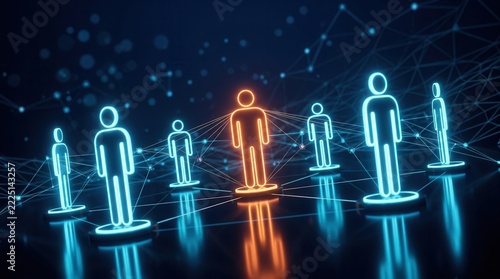 A professional network with a central glowing leader figure illustrating corporate hierarchy.