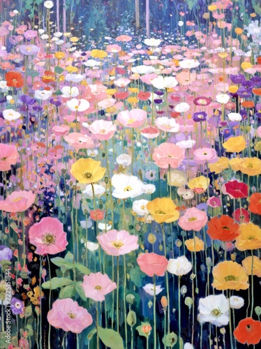 A vibrant field filled with colorful flowers creates a lively atmosphere. This artistic style captures beauty and joy. Perfect for nature lovers and floral decor. AI