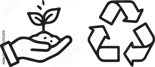 Planting and recycling icons representing environmental care for sustainable living and ecological responsibility.