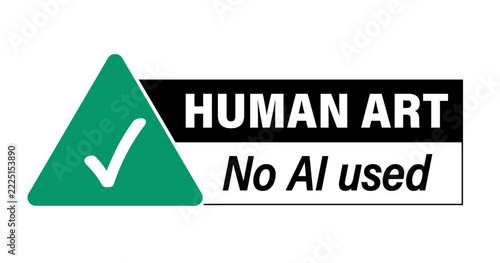 Human art no Ai used authentic artwork verification badge vector template with green triangle shape, checkmark and text by right