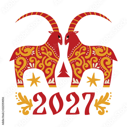 Isolated vector illustration of two red goats facing each other, the year 2027, and a small red Christmas tree, designed as a festive New Year greeting card.