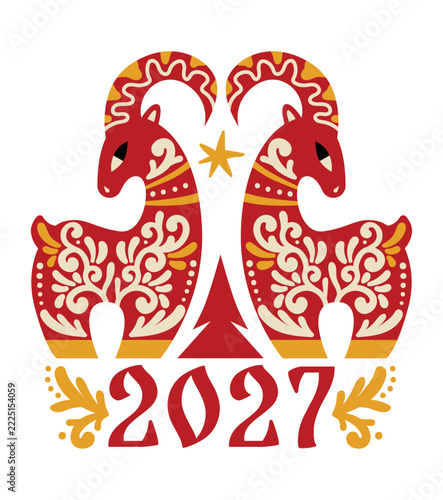 Isolated vector illustration of two red goats facing each other, the year 2027, and a small red Christmas tree, designed as a festive New Year greeting card.