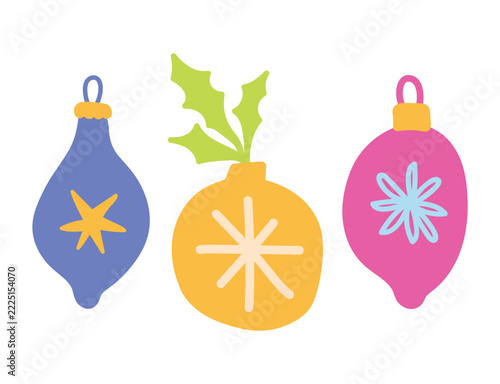Set of colorful Christmas ornaments in a hand drawn flat vector style, featuring playful naive designs with each decorative element isolated separately.