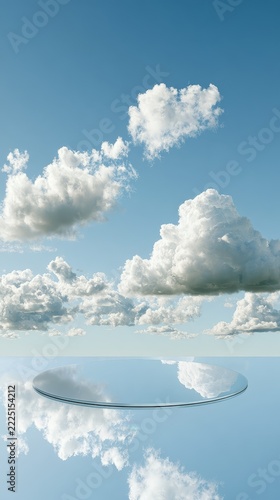 blue empty round podium against blue background with clouds