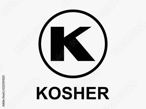 Black kosher symbol with letter K in circle and kosher text, food label icon