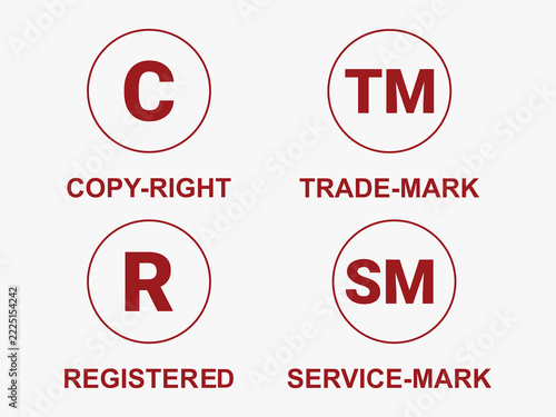 Red copyright, trademark, registered and service mark symbols set in circles with labels