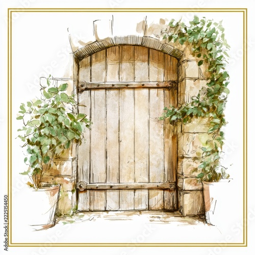 A rustic wooden door framed by lush green vines creates a charming entrance. This illustration captures a blend of nature and architecture. Perfect for home decor and art lovers. AI