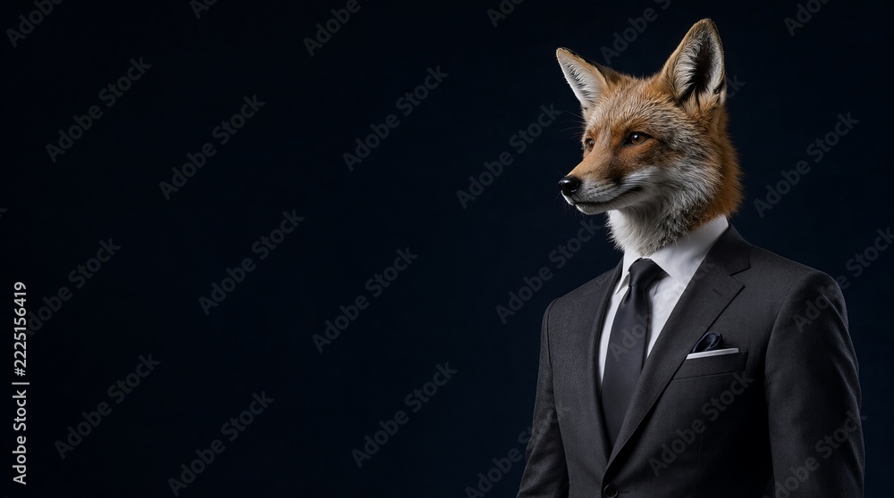 Naklejka premium Professional portrait of a dapper anthropogenic fox wearing a formal charcoal suit and a black tie