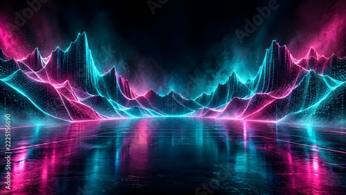 Retrowave synthwave digital landscape with glowing neon wireframe mountains mist and reflective surface for futuristic gaming background