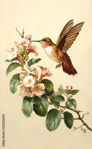 A beautiful hummingbird hovers near delicate flowers. This image captures the grace and vibrant colors of nature. Perfect for art and wildlife enthusiasts. AI