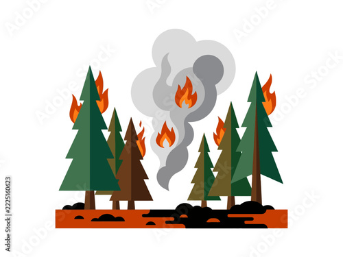 Forest Fire Cartoon Illustration with Burning Trees and Smoke