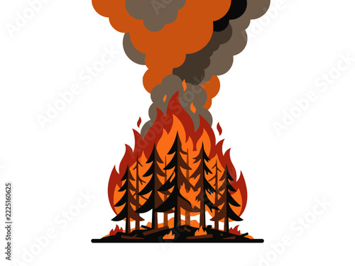 Forest Fire Disaster Conceptual Illustration with Burning Pine Trees