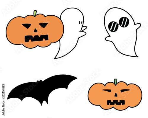 Cute Halloween Elements Set with Pumpkin, Ghost, Sunglasses Ghost, and Bat Illustration