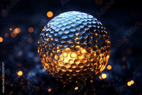 Golden glowing golf ball with bokeh effect