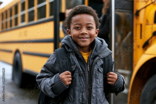 Happy african american child going to school on bus