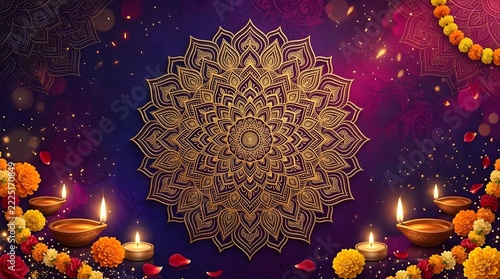 Luxury Golden Mandala Diwali Festival Background with Glowing Diyas, Marigold Flowers and Purple Floral Decoration