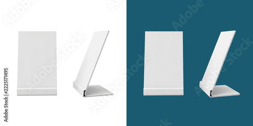 Blank white vertical table top menu stand display mockup set for restaurant