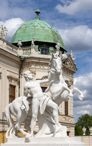 Sculpture Horse Tamer in front of Baroque Belvedere palace (Upper Belvedere), Vienna, Austria