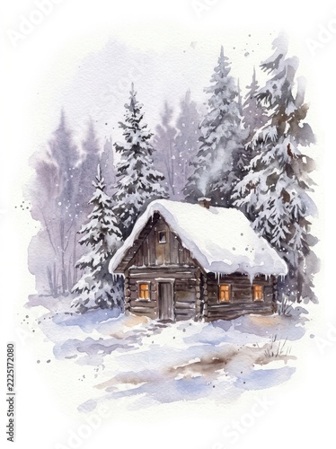 Watercolor snowy log cabin among frosted pine trees on white background, winter illustration. A small wooden hut with a heavy snow roof sits in a clearing, with tall spruces covered in snow and