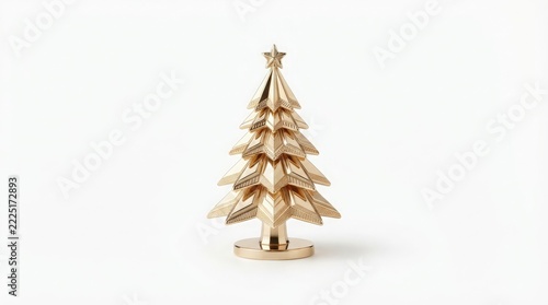 A shiny golden Christmas tree figurine stands on a clean white background, creating a festive holiday decoration theme