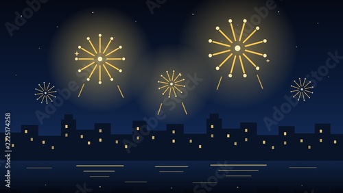 Golden Fireworks over City Skyline at Night with Water Reflection - New Year Celebration