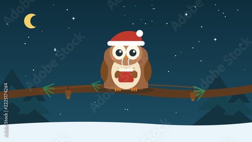 Cute Owl in Santa Hat Holding a Mug of Hot Chocolate on a Branch at Night