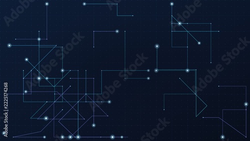 Technology Circuit Board Background with Glowing Network Lines and Nodes on Dark Blue