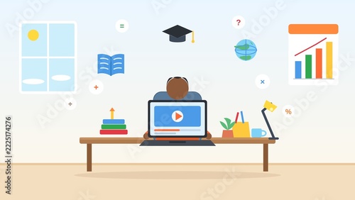 Online Education - Student Studying on Laptop with Video Lesson and Learning Icons Vector Illustration
