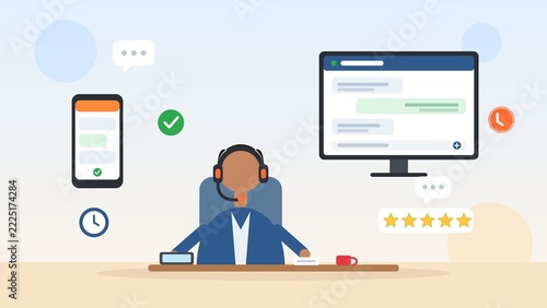 Customer Support Agent with Headset at Live Chat Screen with Satisfaction Stars - Flat Vector Illustration